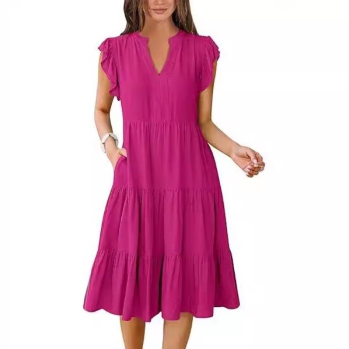 2025 Women's Solid V-Neck Dress - Flounced Sleeve Tiered Maxi Dress with Pockets & Pleated Skirt