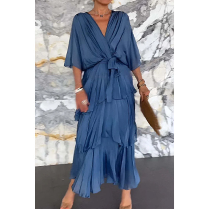 2025 Summer Women's Solid Color V-Neck Chiffon Tiered Dress - Batwing Sleeve Long Maxi Dress Casual Elegant Party Wear