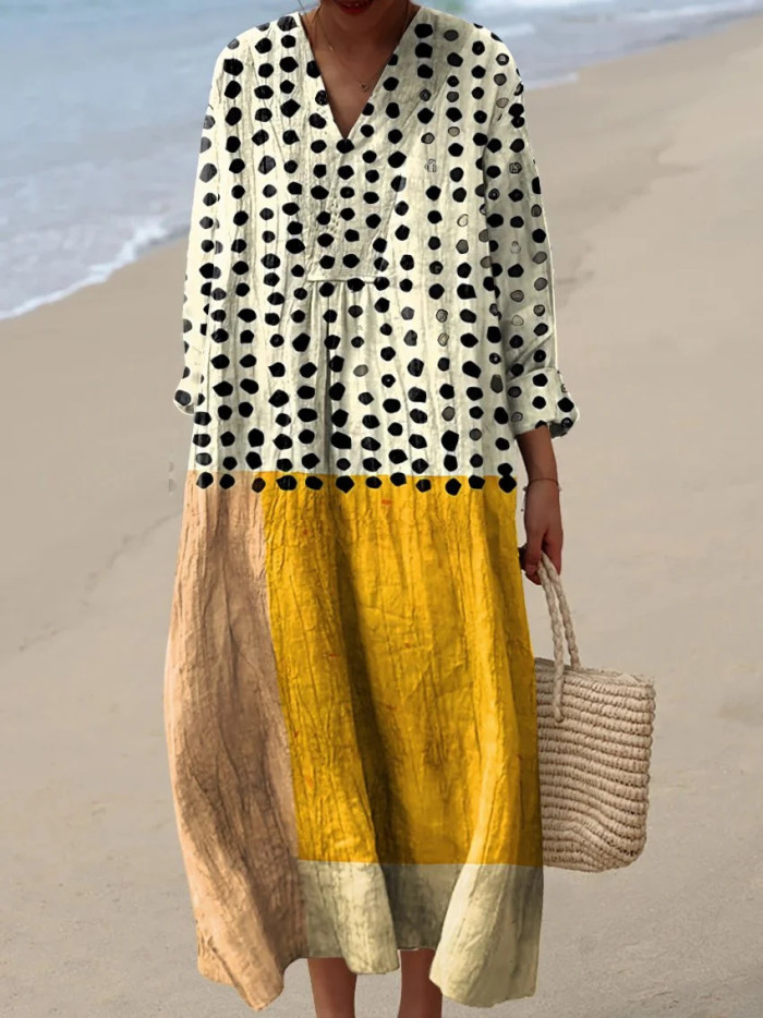 Women's Floral Print Long Sleeve Shirt Dress - Casual Loose V-Neck Beach Sundress Summer Maxi Dress