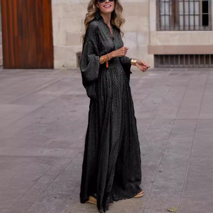 2025 Autumn Women's Long Sleeve V-Neck Dress - Relaxed Fit Waist Defined Flowy Maxi Dress Casual Elegant Swing Dress