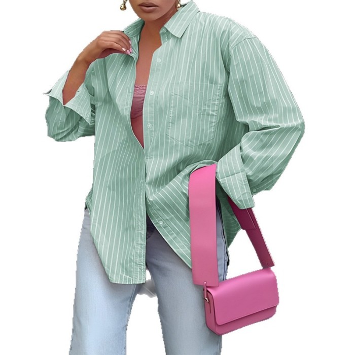 Women's Casual Vacation Striped Long Sleeve Shirt Minimalist Loose Fit Blouse Beach Top with Button Down Office Travel Shirt