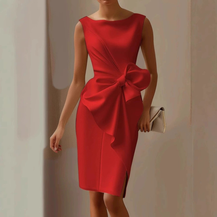 Women's Fashion Bowknot Solid Color Elegant Slim Midi Dress