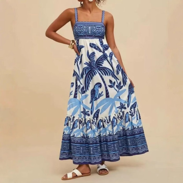 2025 Summer Women's Boho Strappy Dress - Floral Print Vacation Sundress Casual Beach Maxi Dress with Elastic Waist