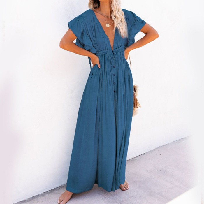 Fashion Women's Belted Button Detail Beach Dress Cover Up Solid Color Pleated Sun Protective Ruffle Hem Long Kimono