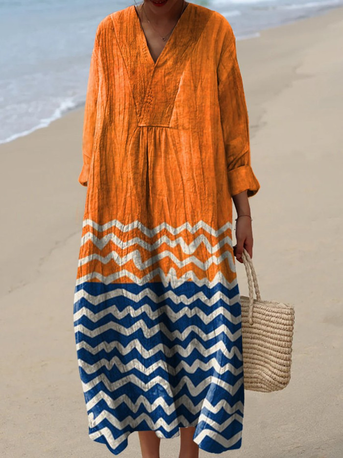 Women's Floral Print Long Sleeve Shirt Dress - Casual Loose V-Neck Beach Sundress Summer Maxi Dress