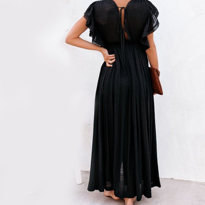 Fashion Women's Belted Button Detail Beach Dress Cover Up Solid Color Pleated Sun Protective Ruffle Hem Long Kimono
