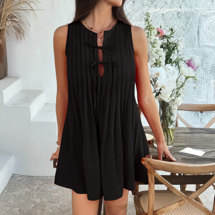 2025 Summer Women's Tie-Waist Pleated Sundress - Sleeveless Solid Mini Dress, Casual Beach Vacation Outfit