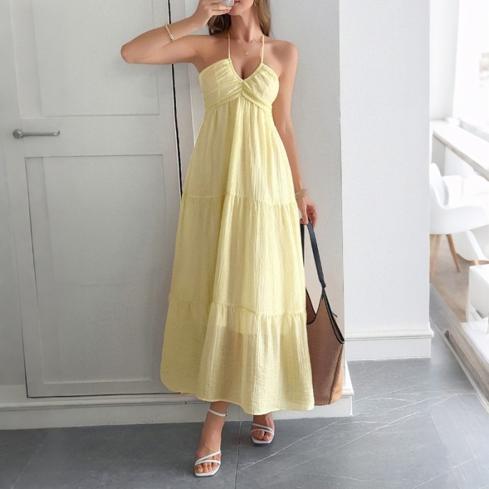 2025 Summer Women's Vacation Halter Neck Semi-Sheer Dress Wrinkle-Free Lyocell Boho Beach Maxi Dress with Side Slit