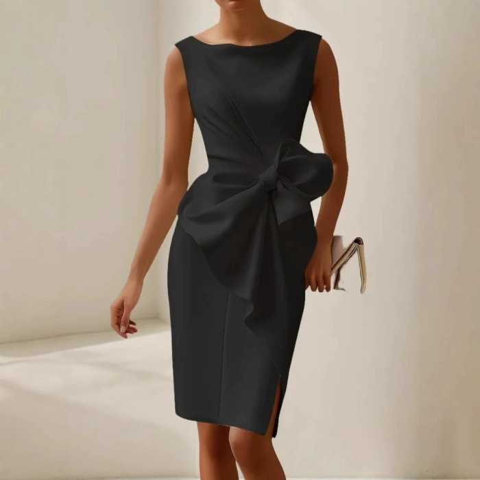 Women's Fashion Bowknot Solid Color Elegant Slim Midi Dress