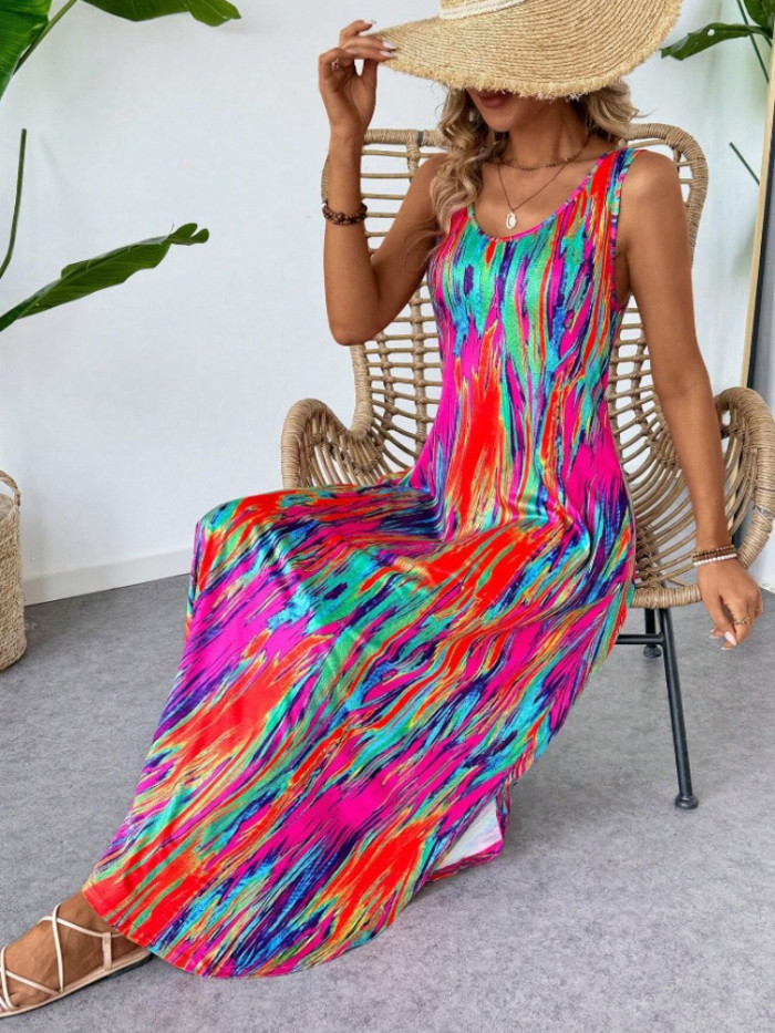 Summer Women's Floral Print Sleeveless Bodycon Dress - Slim Fit Pocket Sundress Sexy High Slit Beach Casual Maxi Dress