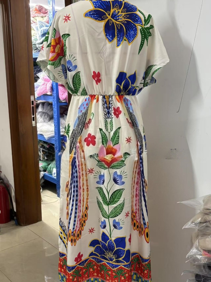 2025 Summer Women's V-Neck Floral Print Dress - Casual Short Sleeve Long Maxi Dress Loose Fit Boho Beach Sundress