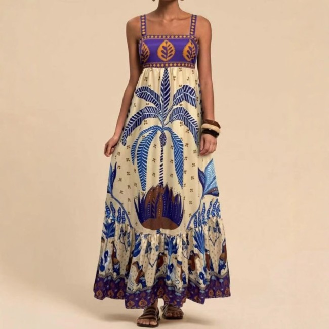 2025 Summer Women's Boho Strappy Dress - Floral Print Vacation Sundress Casual Beach Maxi Dress with Elastic Waist