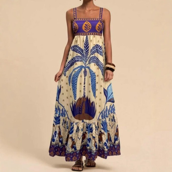 2025 Summer Women's Boho Strappy Dress - Floral Print Vacation Sundress Casual Beach Maxi Dress with Elastic Waist