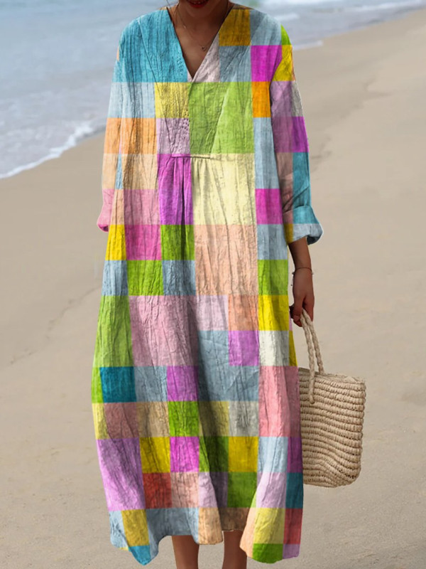 Women's Floral Print Long Sleeve Shirt Dress - Casual Loose V-Neck Beach Sundress Summer Maxi Dress