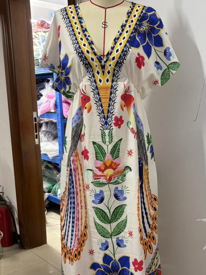 2025 Summer Women's V-Neck Floral Print Dress - Casual Short Sleeve Long Maxi Dress Loose Fit Boho Beach Sundress