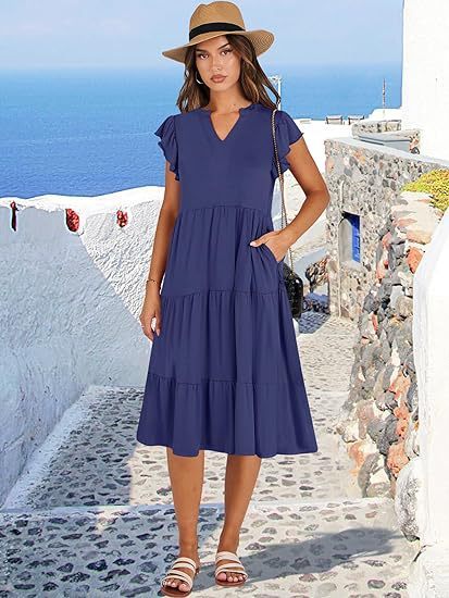 2025 Women's Solid V-Neck Dress - Flounced Sleeve Tiered Maxi Dress with Pockets & Pleated Skirt
