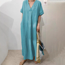 Women's Casual V-neck Cotton and Linen Solid Color Maxi Dress