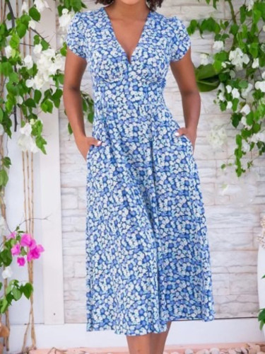2025 New Floral Print Boho Dress with Pockets - Sweet V-Neck Midi Summer Dress in Chiffon, Bohemian Casual Beach Dress