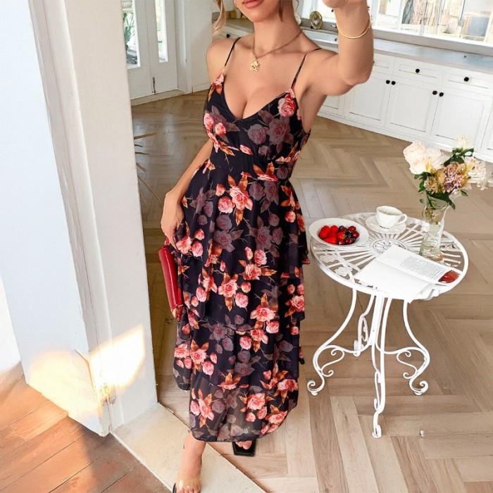 2025 Women's Vacation Spaghetti Strap Floral Print Tiered Maxi Dress Casual Beach Dress with Ruffles & Slit Lightweight Sundress