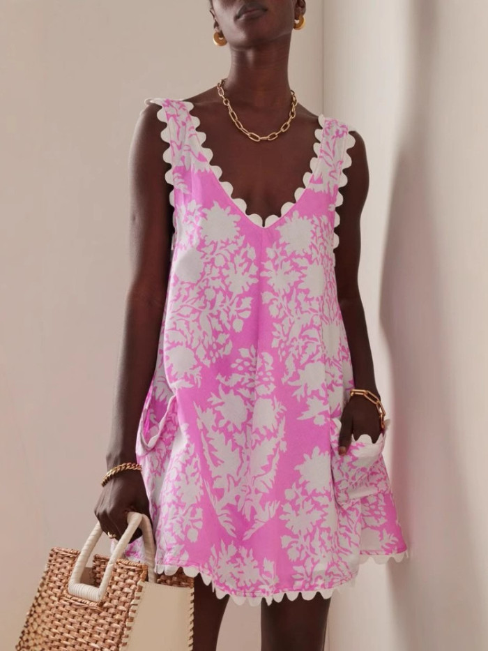 2025 Women's Sexy V Neck Backless Floral Print Chiffon Tiered Mini Dress Sleeveless Ruffled Sundress for Vacation Y2K Hot Style