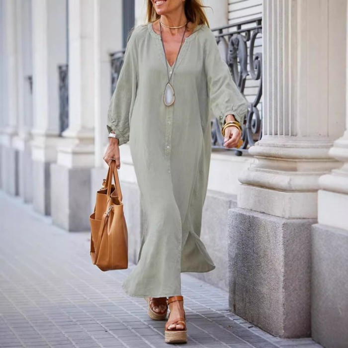 2025 Spring Summer Women's Linen Blend Shirt Dress - Long Sleeve Open Front Casual Button Down Tunic Dress with Pockets