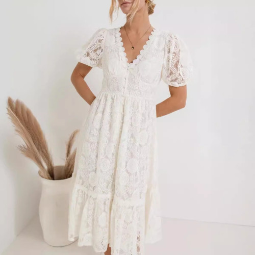 Women's Fashion Lace V-Neck Hollow Party Midi Dress