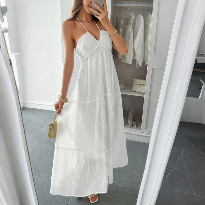 2025 Summer Women's Vacation Halter Neck Semi-Sheer Dress Wrinkle-Free Lyocell Boho Beach Maxi Dress with Side Slit