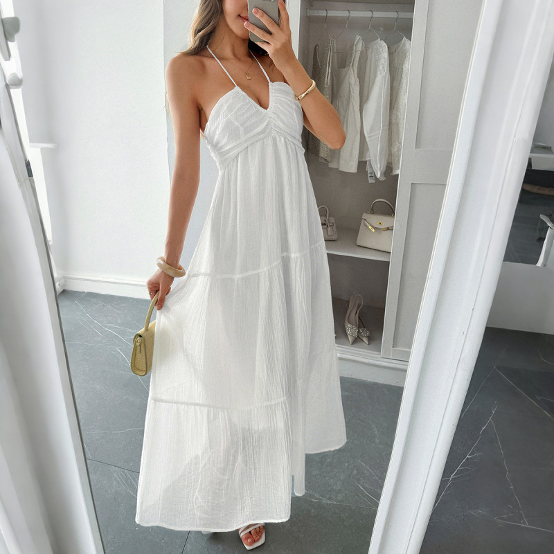 2025 Summer Women's Vacation Halter Neck Semi-Sheer Dress Wrinkle-Free Lyocell Boho Beach Maxi Dress with Side Slit