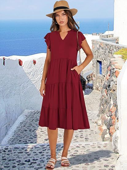 2025 Women's Solid V-Neck Dress - Flounced Sleeve Tiered Maxi Dress with Pockets & Pleated Skirt
