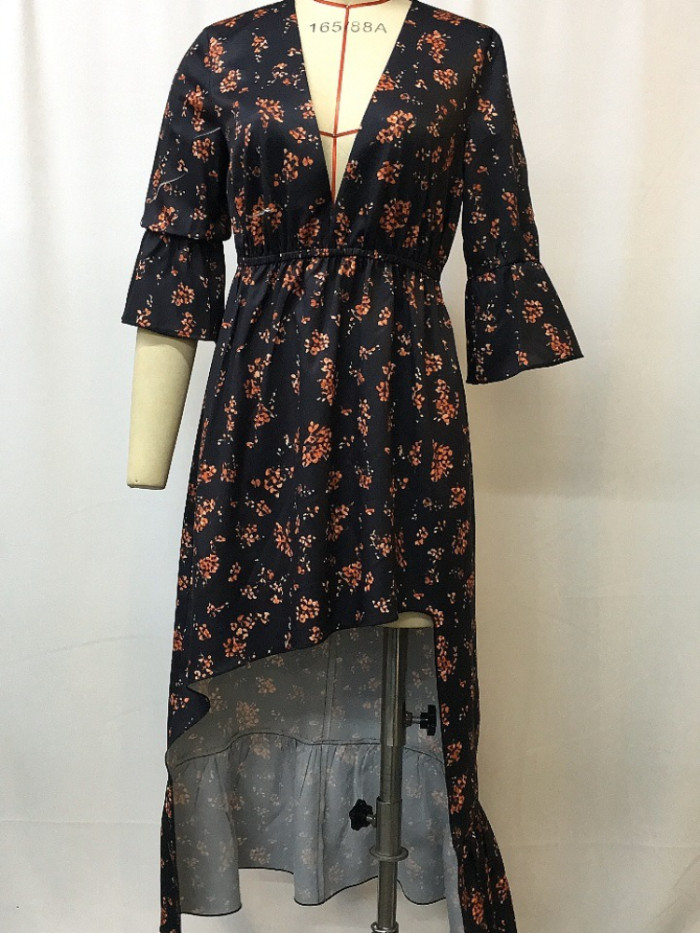 Western Floral Dress Women's Sexy V Neck Cinched Waist High Slit Asymmetrical Midi Dress with Country Style Boho Vintage
