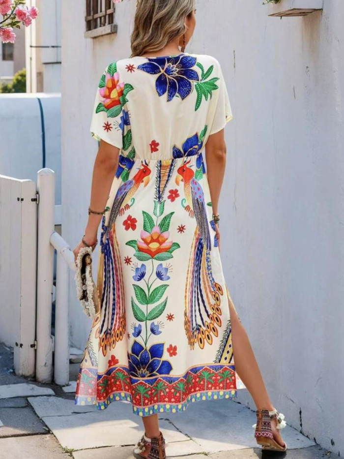 2025 Summer Women's V-Neck Floral Print Dress - Casual Short Sleeve Long Maxi Dress Loose Fit Boho Beach Sundress