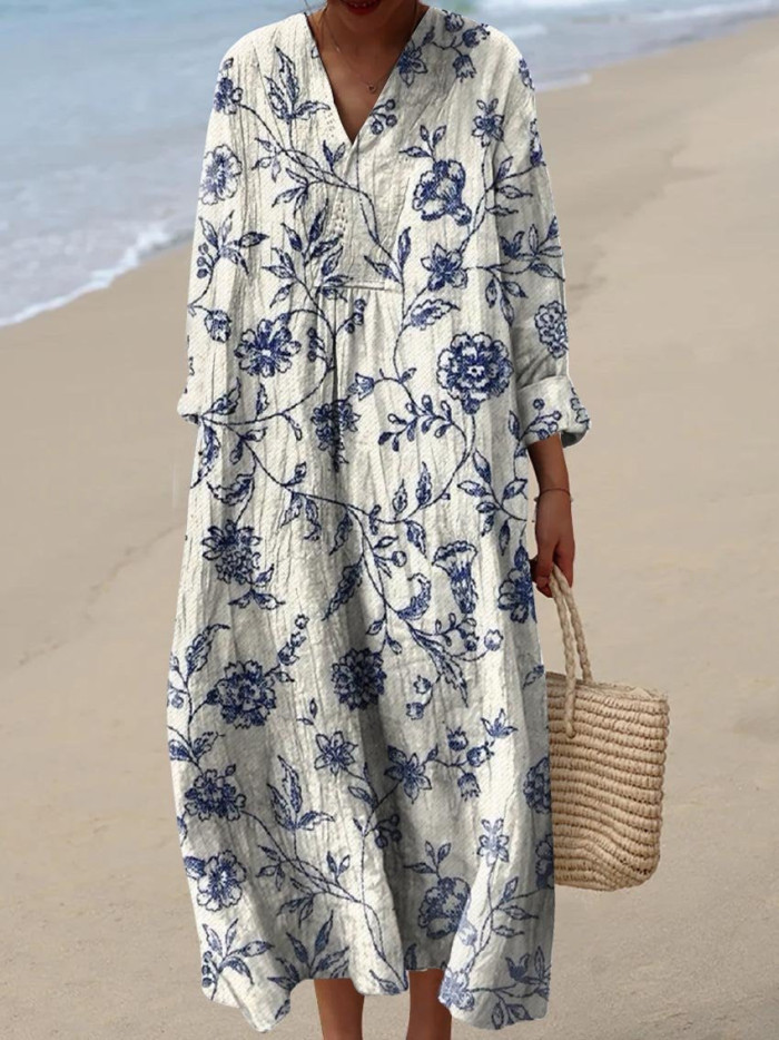 Women's Floral Print Long Sleeve Shirt Dress - Casual Loose V-Neck Beach Sundress Summer Maxi Dress