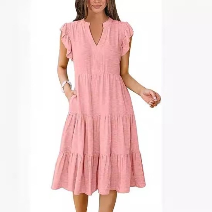 2025 Women's Solid V-Neck Dress - Flounced Sleeve Tiered Maxi Dress with Pockets & Pleated Skirt