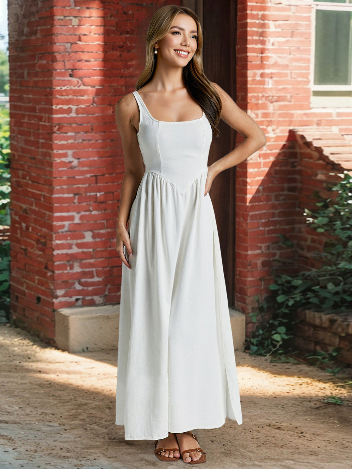 Women's Waist-Tie Vest Dress - Solid Color Stretchy Pleated Maxi Dress, Casual Chic Bodycon Long Dress for Office Party Vacation