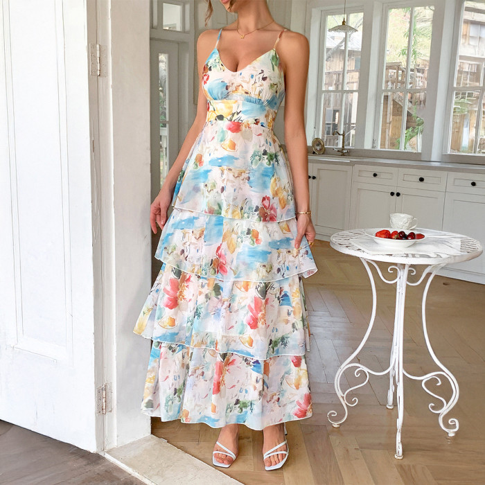2025 Women's Vacation Spaghetti Strap Floral Print Tiered Maxi Dress Casual Beach Dress with Ruffles & Slit Lightweight Sundress
