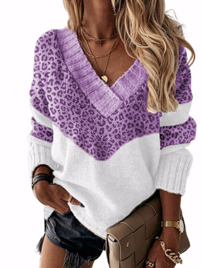 New Color Block Knit Sweater - Leopard Print V Neck Pullover, Chunky Y2K Winter Turtleneck, Oversized Casual Cable Knit Jumper