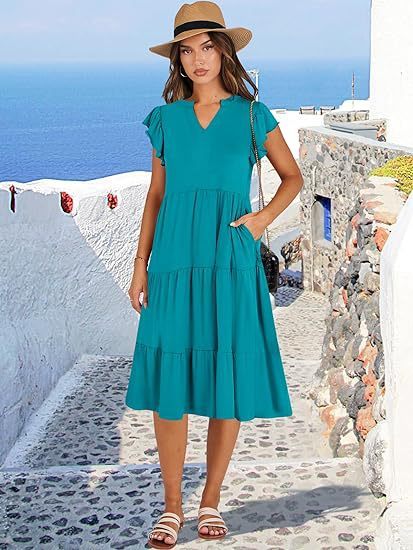 2025 Women's Solid V-Neck Dress - Flounced Sleeve Tiered Maxi Dress with Pockets & Pleated Skirt