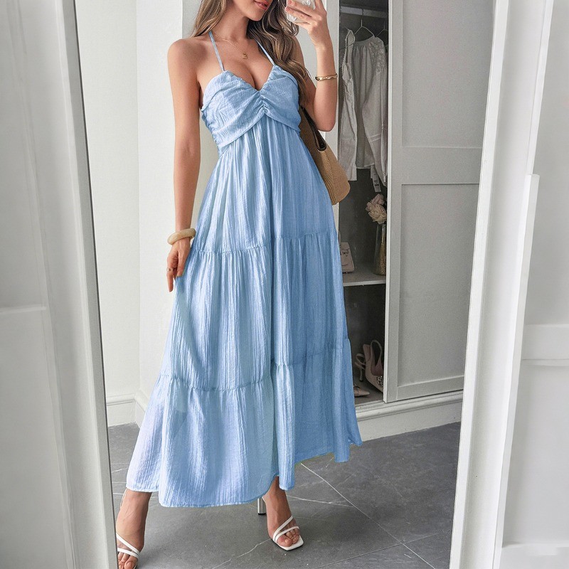 2025 Summer Women's Vacation Halter Neck Semi-Sheer Dress Wrinkle-Free Lyocell Boho Beach Maxi Dress with Side Slit