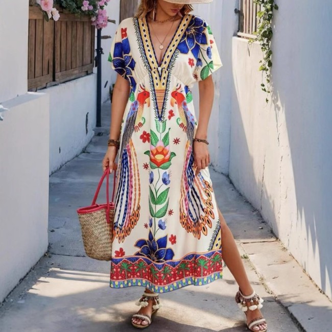 2025 Summer Women's V-Neck Floral Print Dress - Casual Short Sleeve Long Maxi Dress Loose Fit Boho Beach Sundress