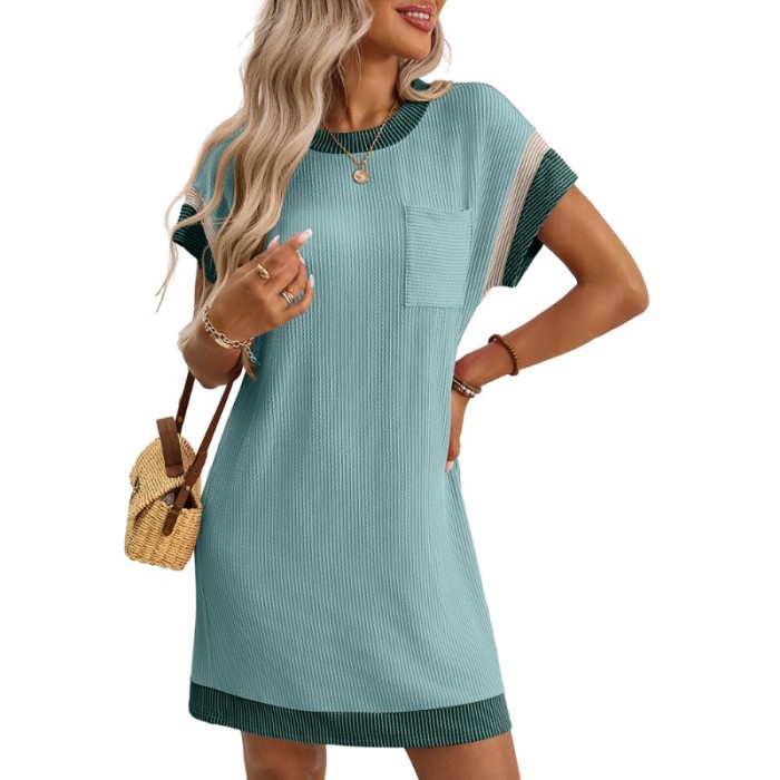 2025 Summer Women's Color Block Twist Detail Dress - Short Sleeve Pocket Casual Shift Dress Trendy Contrast Trim Sundress