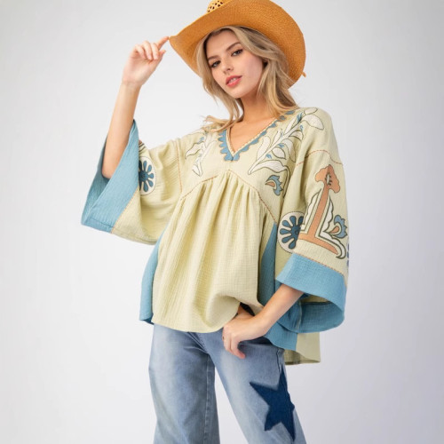 2025 Women's Color Block V-Neck Top - Flared Sleeve Casual Loose Fit Blouse for Spring Summer