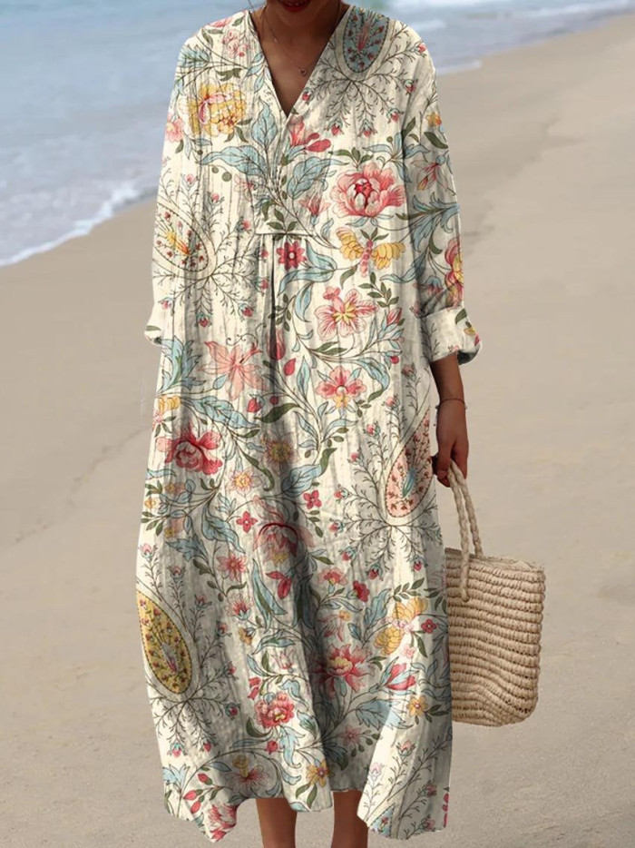 Women's Floral Print Long Sleeve Shirt Dress - Casual Loose V-Neck Beach Sundress Summer Maxi Dress