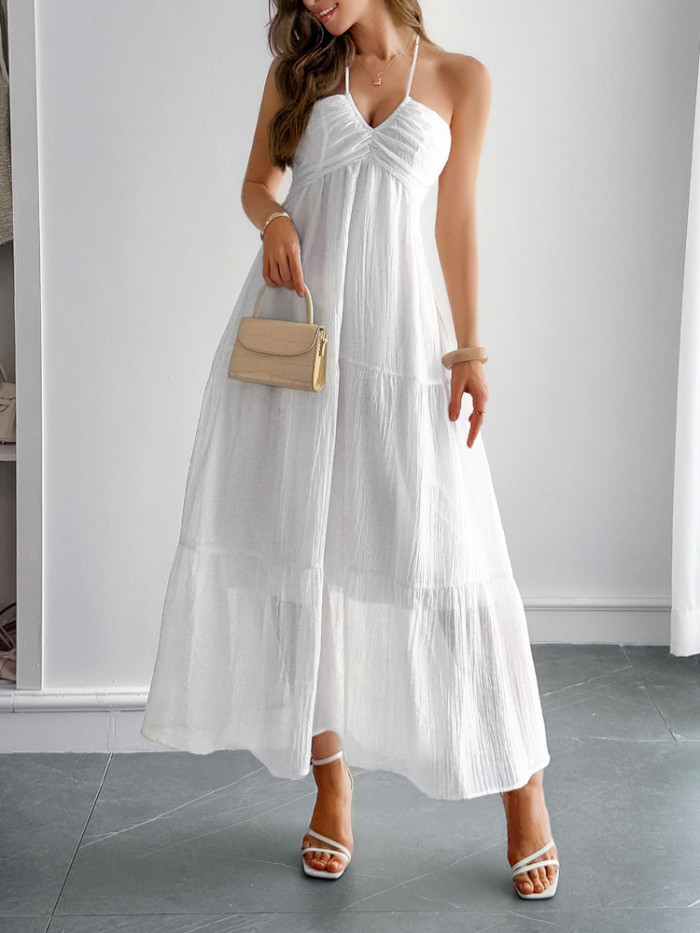 2025 Summer Women's Vacation Halter Neck Semi-Sheer Dress Wrinkle-Free Lyocell Boho Beach Maxi Dress with Side Slit