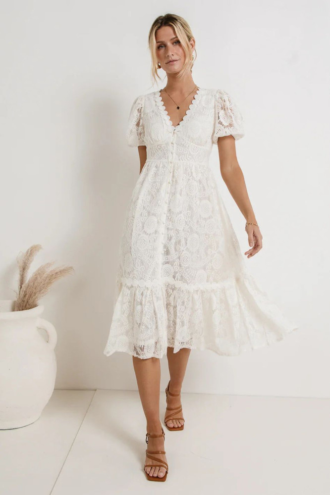Women's Fashion Lace V-Neck Hollow Party Midi Dress