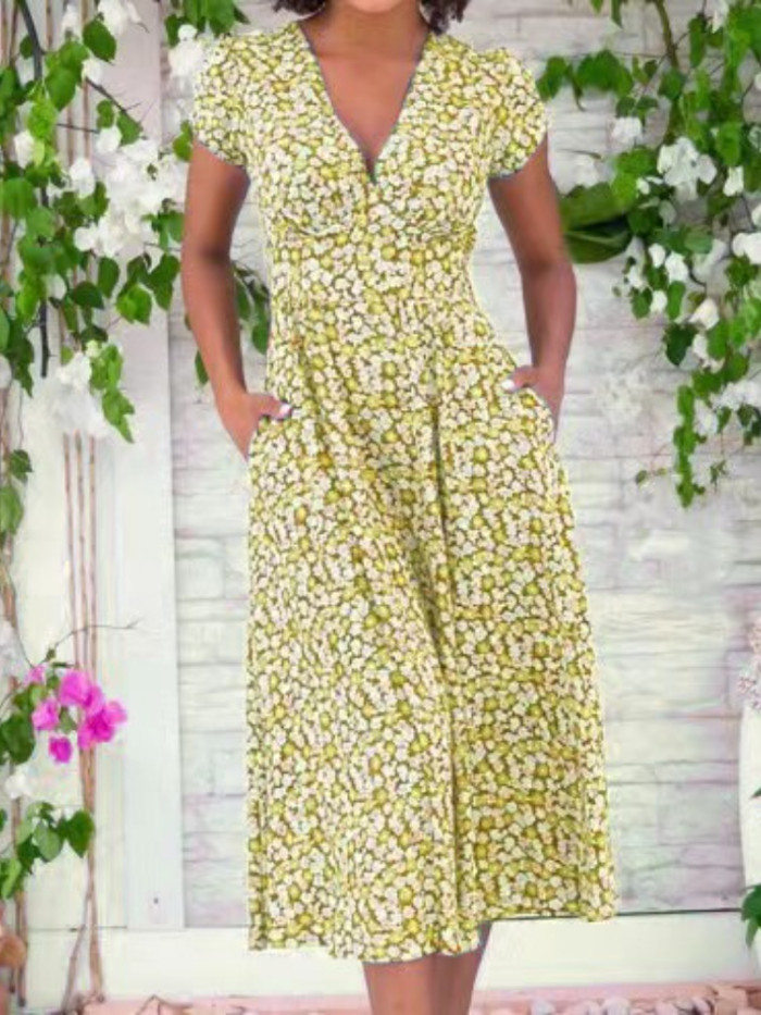 2025 New Floral Print Boho Dress with Pockets - Sweet V-Neck Midi Summer Dress in Chiffon, Bohemian Casual Beach Dress