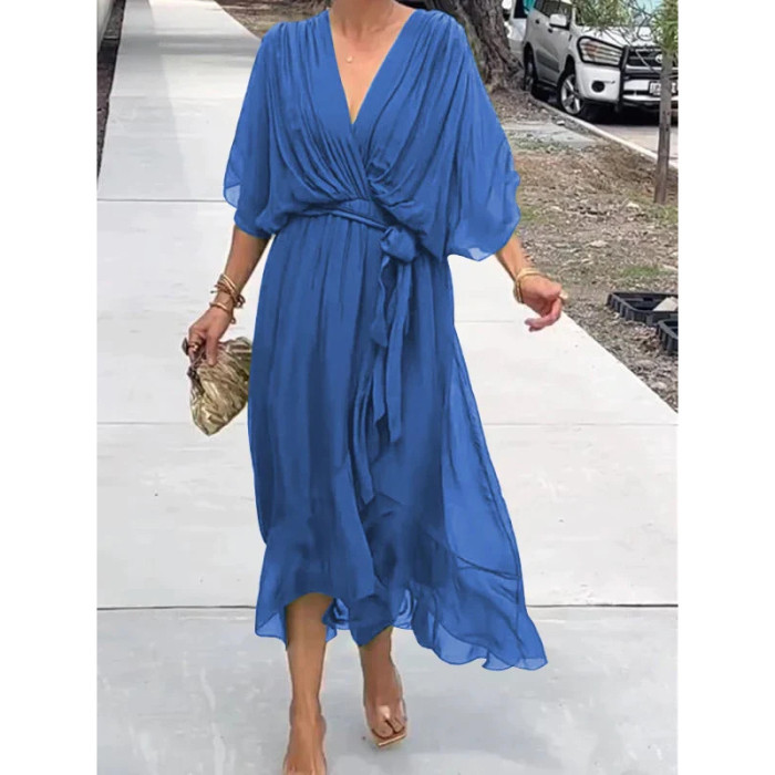 2025 New Women's Solid Color Belted Maxi Dress - Batwing Sleeve Asymmetrical Hem Casual Elegant Long Dress Boho Chic Style