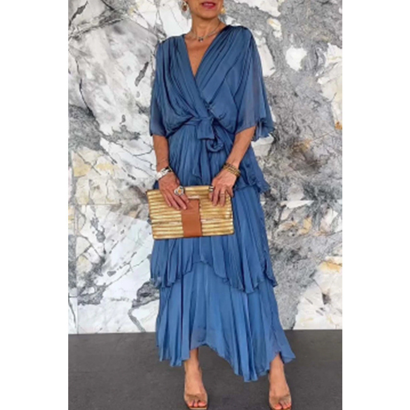 2025 Summer Women's Solid Color V-Neck Chiffon Tiered Dress - Batwing Sleeve Long Maxi Dress Casual Elegant Party Wear