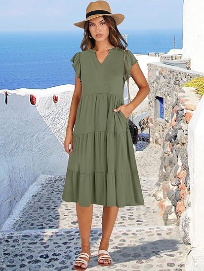2025 Women's Solid V-Neck Dress - Flounced Sleeve Tiered Maxi Dress with Pockets & Pleated Skirt