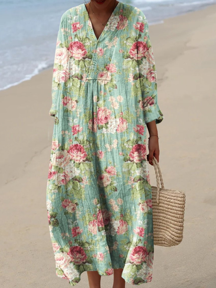 Women's Floral Print Long Sleeve Shirt Dress - Casual Loose V-Neck Beach Sundress Summer Maxi Dress