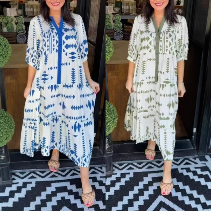 Women's 2025 New Floral Print Boho Shirt Dress Sexy V-Neck 3/4 Sleeve Button Down Maxi Dress